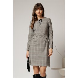 Rochie scurta gri cu carouri snur la guler si fusta tip A