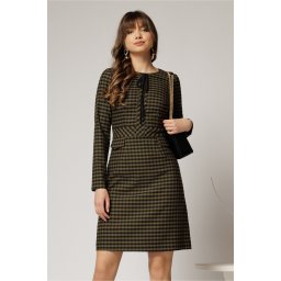 Rochie scurta kaki cu carouri negre snur la guler si fusta tip A