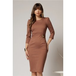 Rochie DY Fashion conica bej cu dungi si detaliu pe talie