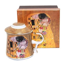 Cana de ceai cu infuzor metalic si capac Klimt Kiss Gold 300 ml