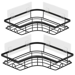 Set 2 polite de colt pentru dus, metalice cu montaj autoadeziv, inox, negru