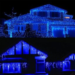 Instalatie Solara Craciun Turturi, IP44, 5 m, 143 Led-uri, Perdea Franjurata, Albastru, 8 jocuri de lumini, cu Telecomanda, 31V, 500 mAh, Acumulator de 2400 mAh, Exterior, Prelungitor 5 m inclus, Fir Transparent, Flippy