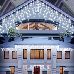 Instalatie Solara Craciun Turturi, IP44, 5 m, 143 Led-uri, Perdea Franjurata, Alb rece, 8 jocuri de lumini, cu Telecomanda, 31V, 500 mAh, Acumulator de 2400 mAh, Exterior, Prelungitor 5 m inclus, Fir Transparent, Flippy