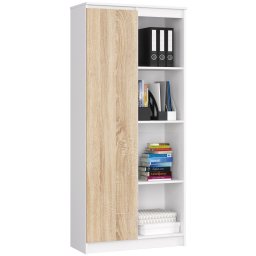 Dulap cu usa si 8 etajere, PAL laminat 16 mm, 80x35x180 cm, alb si stejar sonoma