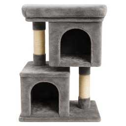 Ansamblu de zgariat pentru pisici tip turn cu 2 niveluri, tunel, casuta si pat, MDF si plus, 67 cm, gri