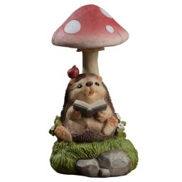 Decoratiune pentru Gradina, Flippy, Lumini LED cu Incarcare solara, 19.5 x 9.5 x 9.5 cm, Model Ciuperca cu Arici care Citeste, Maro inchis