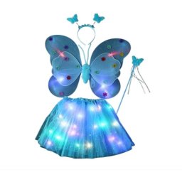 Costum Fluturas cu Aripi Modelabile Luminoase pentru Copii, Flippy, Fusta din Tul cu Lumini, Bagheta si Bentita, 4 piese, Pentru Halloween, Roleplay, Craciun, Carnaval, Paste, Ziua Copilului, Bumbac/Poliester, Marime universala, Albastru