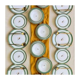 Set de veselă 24 piese din ceramică, alb/verde/auriu