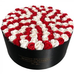 Aranjament floral cutie rotunda neagra cu 125 trandafiri de sapun (Model: Passion)