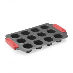 Forma pentru copt briose Lekue 1009479, 31x18x3,7 cm, Strat antiaderent ceramic, Otel carbon, +4°C / +240°C, Negru/rosu