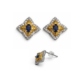 Cercei Safir Albastru oval fatetat 13x13x15 mm Argint 925 Aurit pentru eleganta clasica – 1 pereche