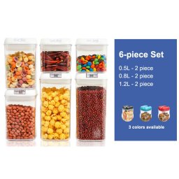 Set 6 Recipiente din Plastic, Flippy, pentru Alimente/Obiecte, Inchidere Ermetica, 2 x 0.5l, 2 x 0.8l, 2 x 1.2l, Capac Alb, Transparent