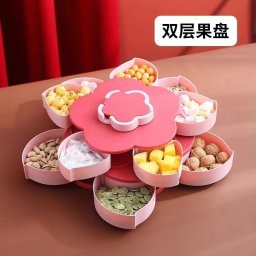 Tava pentru Servire, Flippy, pentru Fructe / Legume / Snackuri, cu Sertare, Deschidere Rotativa, pe 2 Straturi, in Forma de Floare, 26 x 26 x 11.5 cm Roz