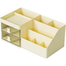 Cutie de Depozitare pentru Birou, Flippy, Pentru Makeup, Papetarie, Organizator Cosmetice, 2 Sertare si Compartimente Multiple, Model Iepuras, Plastic, 27.5x15.5x12 cm, Crem