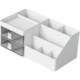 Cutie de Depozitare pentru Birou, Flippy, Pentru Makeup, Papetarie, Organizator Cosmetice, 2 Sertare si Compartimente Multiple, Model Iepuras, Plastic, 27.5x15.5x12 cm, Alb