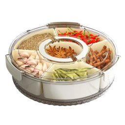 Cutie de Depozitare pentru Alimente, Flippy, cu 6 Compartimente, pentru Condimente, Fructe, Legume, cu Manere de Prindere, Rotativa 360 de Grade, Inchidere Ermetica, 32x10 cm, Alba