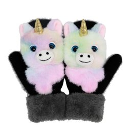 Manusi pentru Copii, Flippy, din Plus cu Umplutura de Bumbac, Protectie Termica, 24 x 20 x 3 cm, Model Unicorn 3D, Roz/Negru