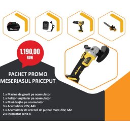 Pachet Promo - MESERIASUL PRICEPUT - 1 x Masina de gaurit pe acumulator + 1 x Polizor unghiular pe acumulator + Mini drujba pe acumulator + 3 x Acumulator 20V, 4Ah + 1 x Acumulator de rezervă de putere mare 20V, 6Ah + 2 x Incarcator seria K