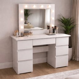 Masa de machiaj Vanessa, oglinda LED, 7 sertare, 130 cm, gri deschis, Artool