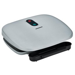Grill electric Heinner HEG-F1000SL, Putere 1000W; Placi fixe turnate 27 X 23 cm, Invelis antiaderent, Maner rece, Indicator luminos, Tava pentru colectare ulei, Argintiu