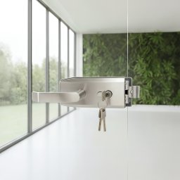 Set broasca si maner pentru usa din sticla 10-12 mm, model NEXA, asimetrica, finisaj inox
