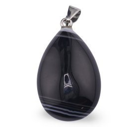 Pandantiv Agat negru lacrima bombata, 32mm