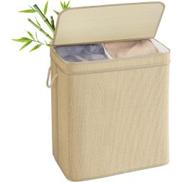 Cos pentru rufe Songmics, 2 compartimente, bambus/MDF/poliester, bej, 57 x 38 x 61 cm, Resigilat, Grad A