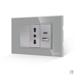 Intrerupator Simplu Cap Scara + Priza Ingusta si USB A+C cu Rama din Sticla LUXION, Standard Italian, 3M SmartElectro IntelligentHouse