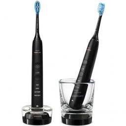 Set 2 periute de dinti electrice sonice Philips Sonicare DiamondClean 9000 HX9914/54, 62000 miscari/minut, 4 moduri de curatare, 3 nivele intensitate, senzor presiune, functia BrushSync, 2 baze de incarcare, 2 capete de periere, aplicatie Sonicare, Negru