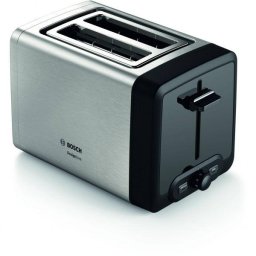 Prajitor de paine compact BOSCH DesignLine TAT4P420, 820~970W (6 trepte), 2 fante, Dezghetare, Incalzire, High Lift, Gratar integrat pliabil, Buton STOP, Centrare automata, Stainless Steel Silver