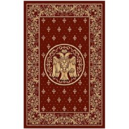 Covor Bisericesc Lotos 15032-210, Imprimeu cu Vultur Bicefal, Marime 250 x 400 cm, Grena, Rosu, Inaltime Fir 8 mm, Antialergic, Polipropilena, Manastire, Biserica, Altar, Naos, Pronaos, Capela