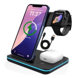 Incarcator Wireless REVOSE™, Statie Incarcare 3 In 1 Qi Fast Charger 15W Incarcare Rapida Compatibil Cu Apple Watch, Airpods, Iphone Android Samsung Huawei Xiaomi, Cablu inclus, Black