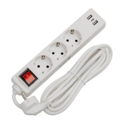 Prelungitor cu întrerupător, 3 prize Schuko, 2x USB-A + 1x USB-C, 3 m, alb
