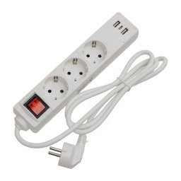 Prelungitor cu întrerupător, 3 prize Schuko, 2× USB-A + 1× USB-C, cablu 1,5 m, alb