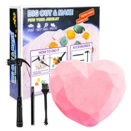 Kit excavare pietre pretioase, inima, cu unelte si pietre colorate, 6+ ani