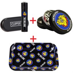 Set The Bulldog Amsterdam Bricheta Clipper + Cutie cadou + Grinder The Bulldog Original Amsterdam cu Holograma metal negru 3 Parti Ø40mm + Tava de rulat The Bulldog Original 27 x 16cm
