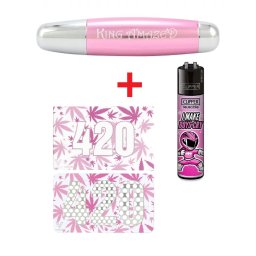 Set King Amazed Pure Pipe xxxl roz 15cm + Grinder Card V Syndicate 420 roz (USA) + Bricheta Clipper Girly slogan I make boys cry