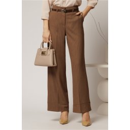 Pantaloni maro cu dungi bordo din stofa cu croi larg si curea in talie