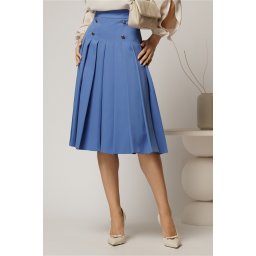Fusta DY Fashion midi albastra cu pliuri si nasturi decorativi