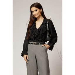 Camasa neagra din voal cu volanase la bust si decolteu adanc