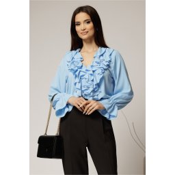 Camasa bleu din voal cu volanase la bust si decolteu adanc