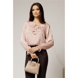 Bluza roz eleganta cu volanase si snur la decolteu