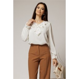 Bluza alba eleganta cu volanase si snur la decolteu