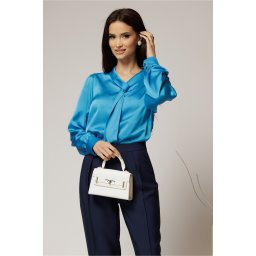 Bluza albastra din satin cu croi lejer si guler tip esarfa