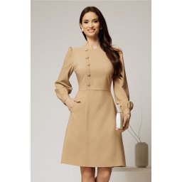 Rochie DY Fashion scurta bej cu nasturi pe bust si fusta tip A