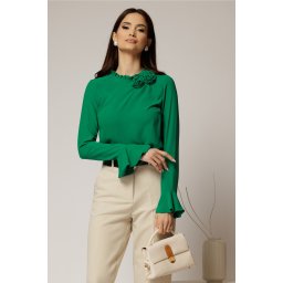 Bluza verde din voal plin cu detaliu floral la guler si gulerul incretit