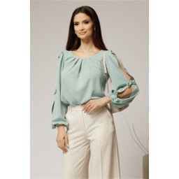 Bluza Dy Fashion verde fistic din voal plin cu maneci crapate si fundite