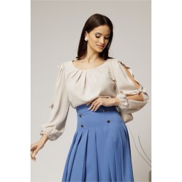 Bluza Dy Fashion ivoar din voal plin cu maneci crapate si fundite