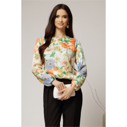 Bluza alba din satin cu imprimeuri oranj si croi lejer