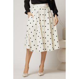 Fusta DY Fashion midi alba cu buline si fundite in contrast